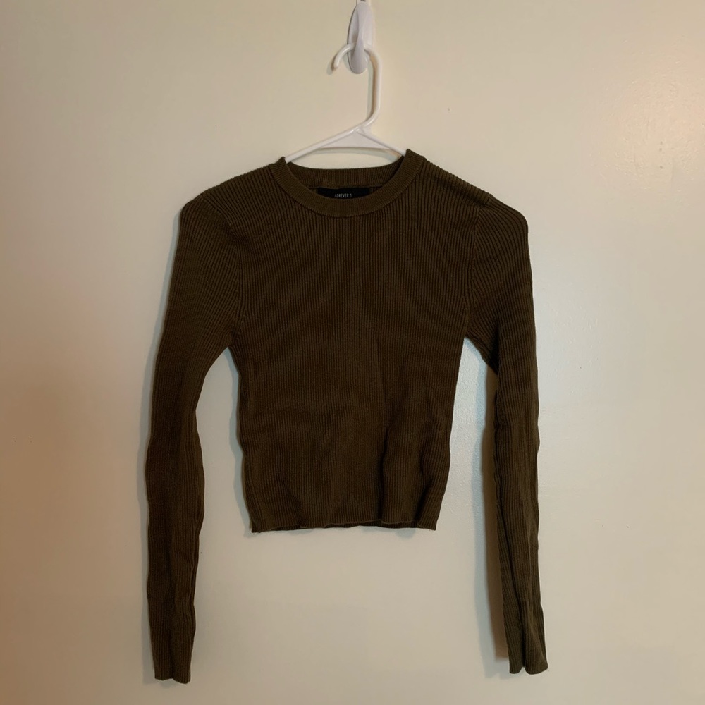 FOREVER 21 - Olive Green Ribbed Crop Long Sleeve M